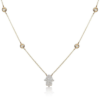 Hamsa necklace in 14k gold with bezel-set diamond stations by Alef Bet