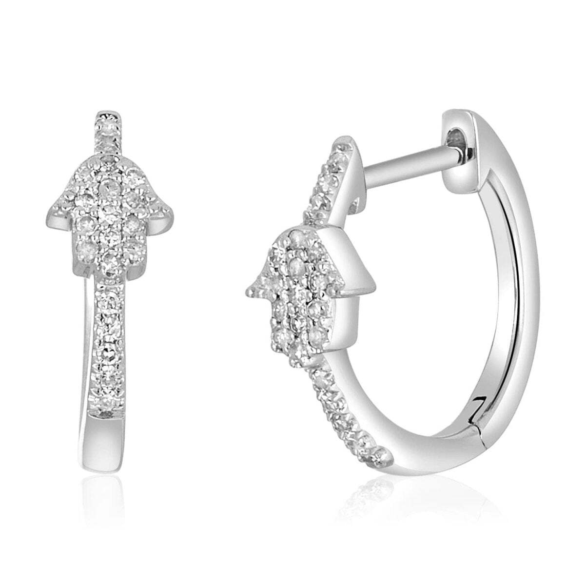 Hamsa Diamond Pave Huggie Earrings in Solid 14k White Gold, fine jewelry that stays with you through everything