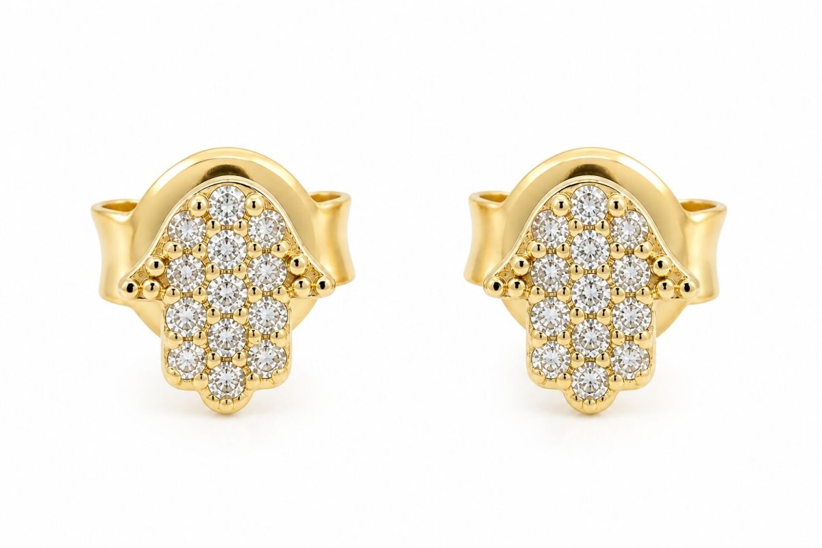 Hamsa Diamond Stud Earrings in Solid 14k Gold