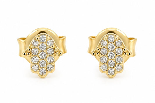 Hamsa Diamond Stud Earrings in Solid 14k Gold