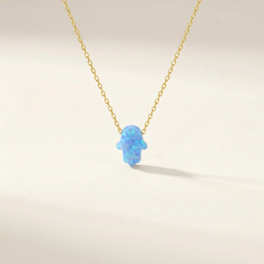Hamsa Hand Blue Opal Necklace in Sterling Silver 925, the ancient symbol of protection you reach for every morning