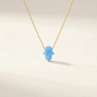 Hamsa Hand Blue Opal Necklace in Sterling Silver 925, the ancient symbol of protection you reach for every morning