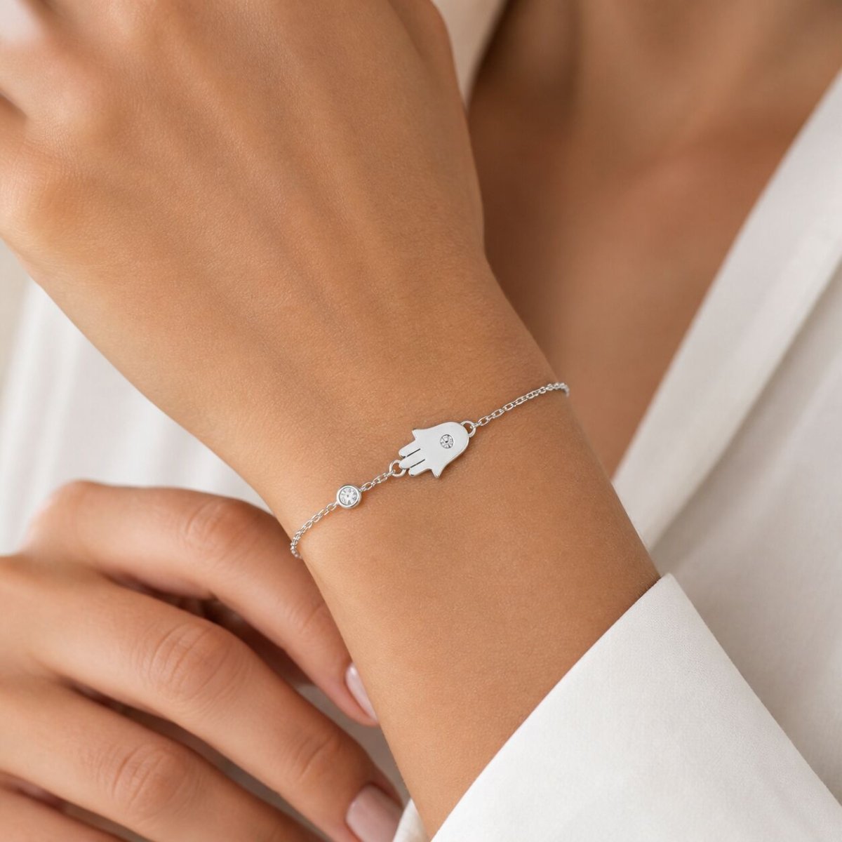 Hamsa Hand Bracelet with CZ in Sterling Silver 925