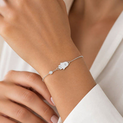 Hamsa Hand Bracelet with CZ in Sterling Silver 925
