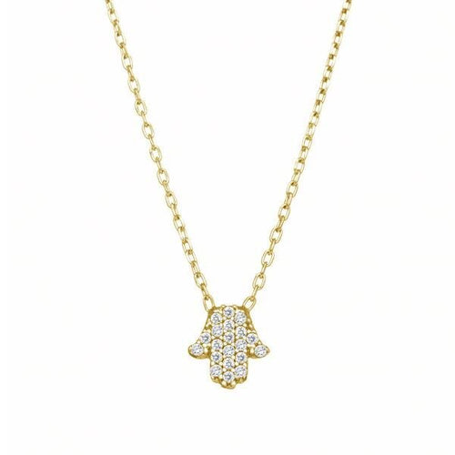 Tiny hamsa CZ necklace in yellow gold with pave-set cubic zirconia by Alef Bet