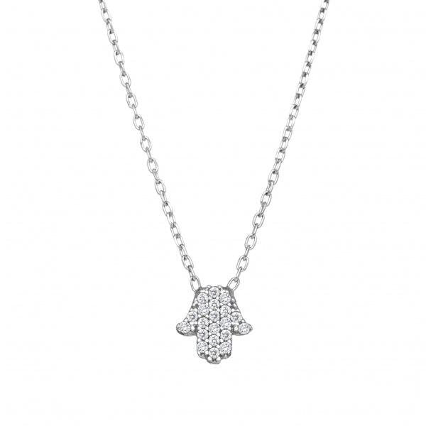 Tiny hamsa pendant necklace in sterling silver with cubic zirconia pave by Alef Bet
