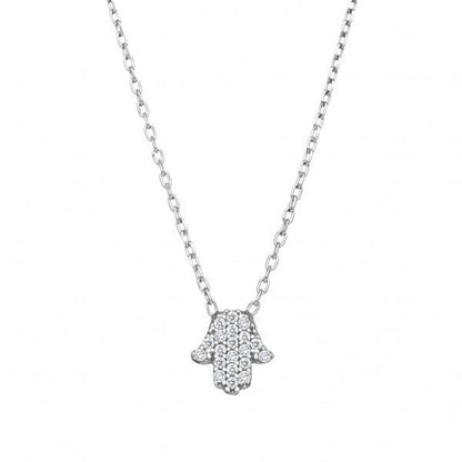 Tiny hamsa pendant necklace in sterling silver with cubic zirconia pave by Alef Bet