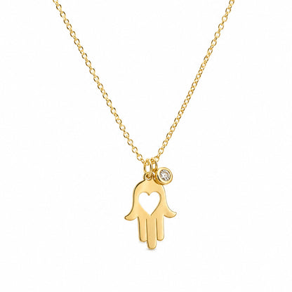 Hamsa Hand Necklace with Cut Out Heart and CZ in 14k Gold Plated Sterling Silver