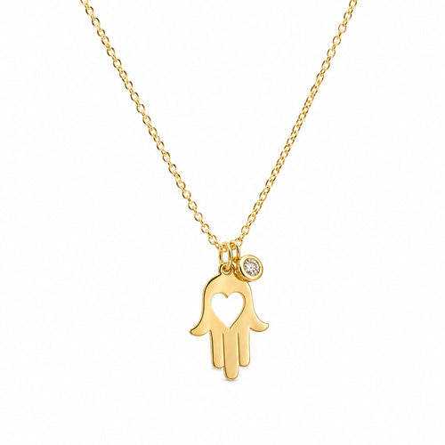 Hamsa Hand Necklace with Cut Out Heart and CZ in 14k Gold Plated Sterling Silver