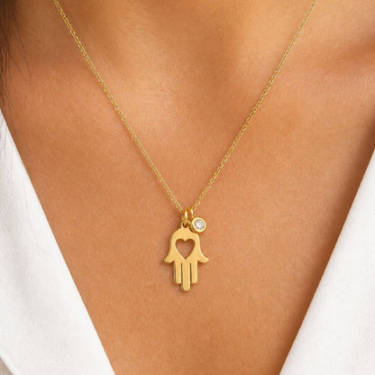 Hamsa Hand Necklace with Cut Out Heart and CZ in 14k Gold Plated Sterling Silver