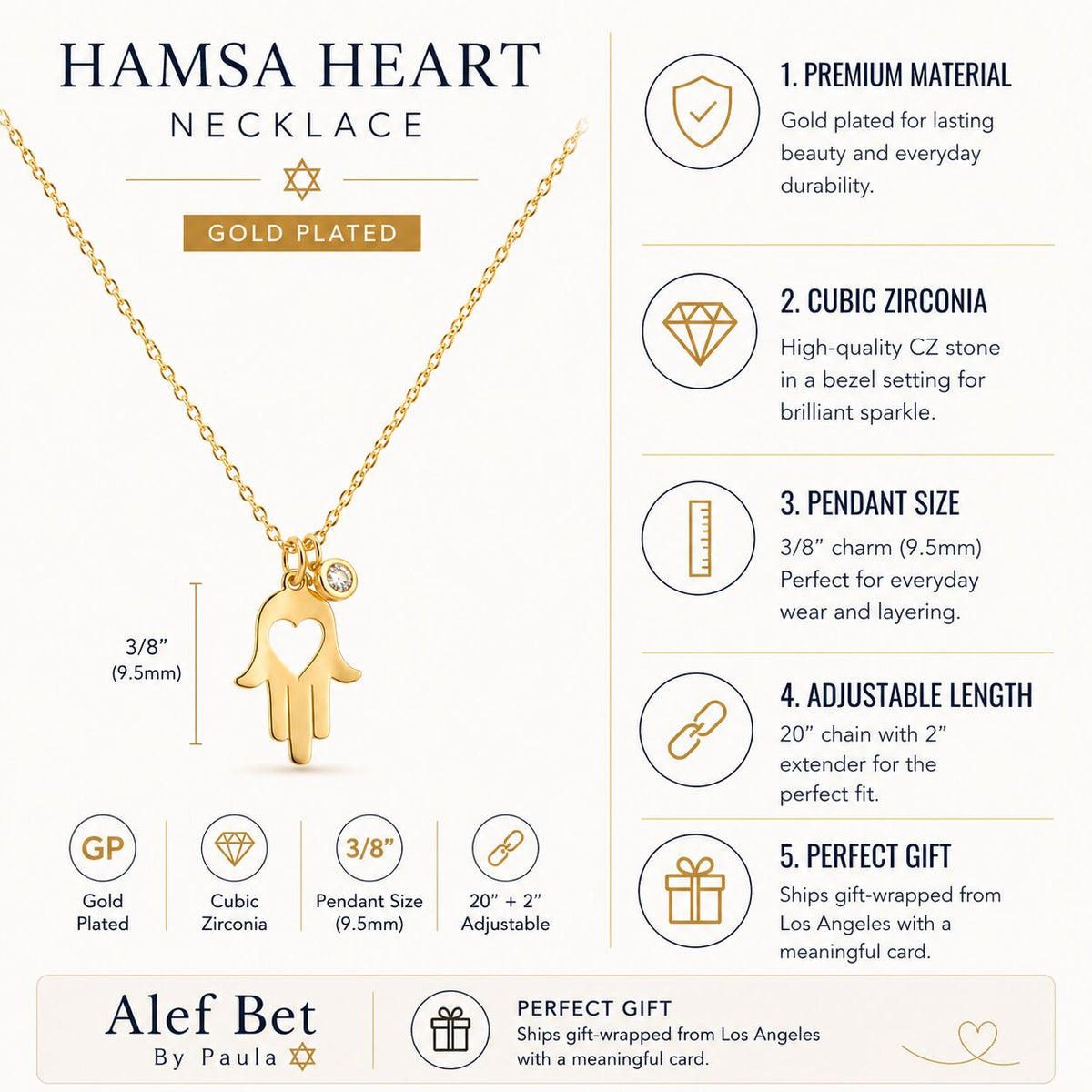Hamsa Hand Necklace with Cut Out Heart and CZ in 14k Gold Plated Sterling Silver
