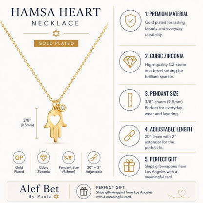Hamsa Hand Necklace with Cut Out Heart and CZ in 14k Gold Plated Sterling Silver