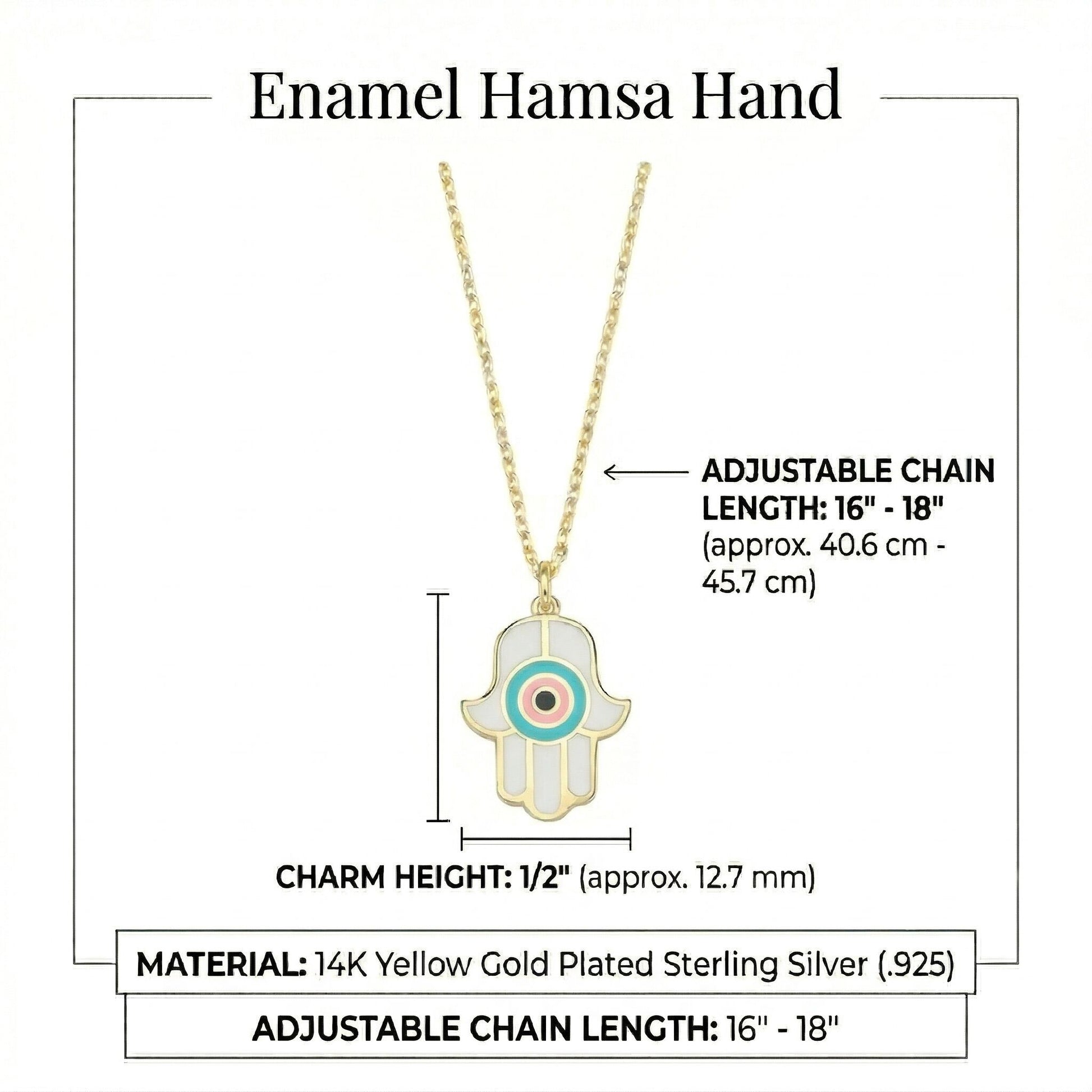 Enamel hamsa necklace in gold with protective hand charm and layered chain detail