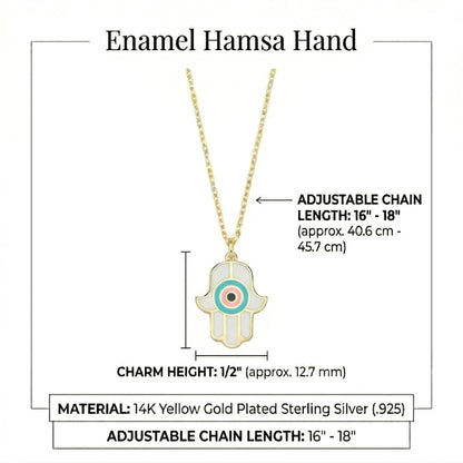 Enamel hamsa necklace in gold with protective hand charm and layered chain detail