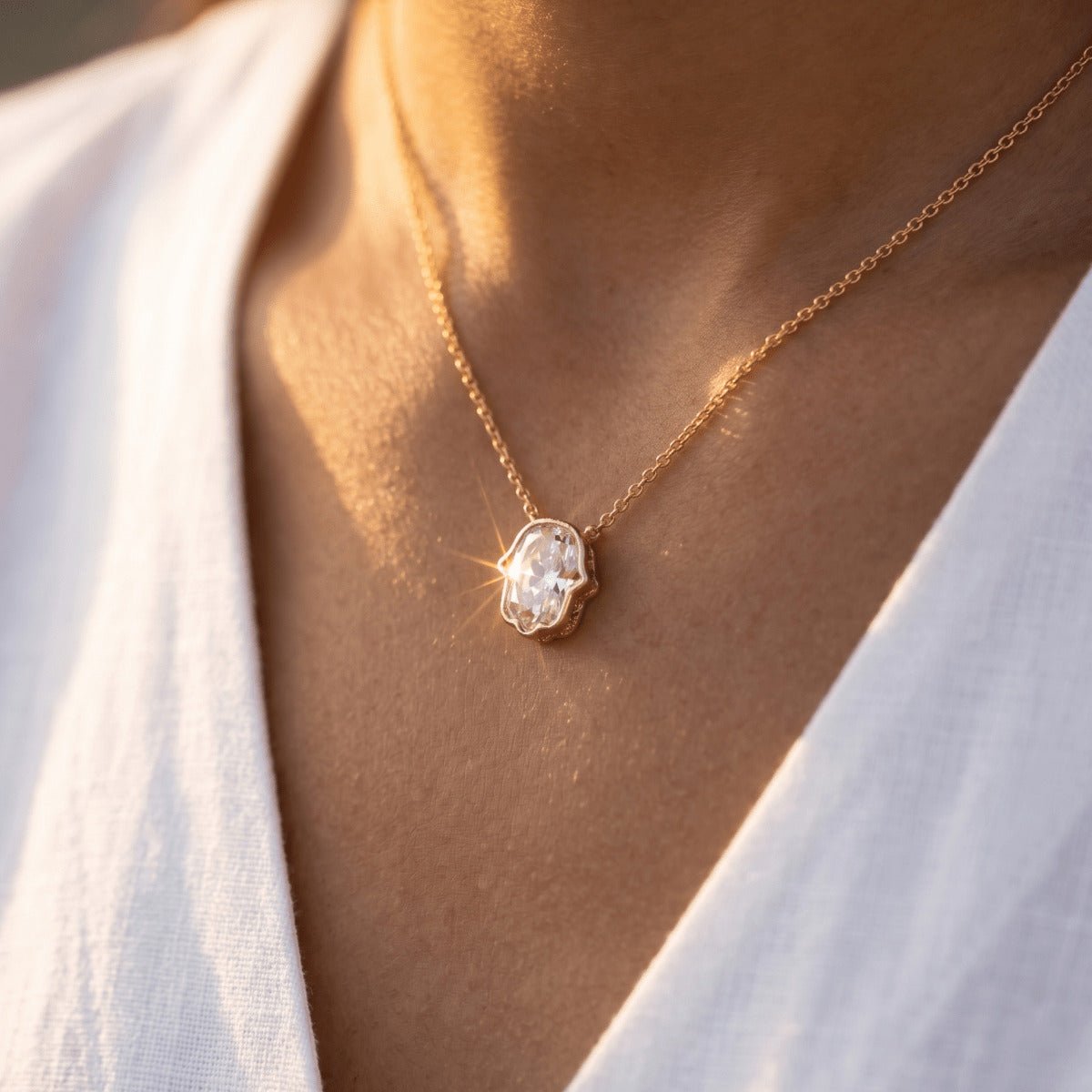 Hamsa Hand Pendant in 14k Yellow Gold, one lab grown diamond hand carved into the symbol of protection forever
