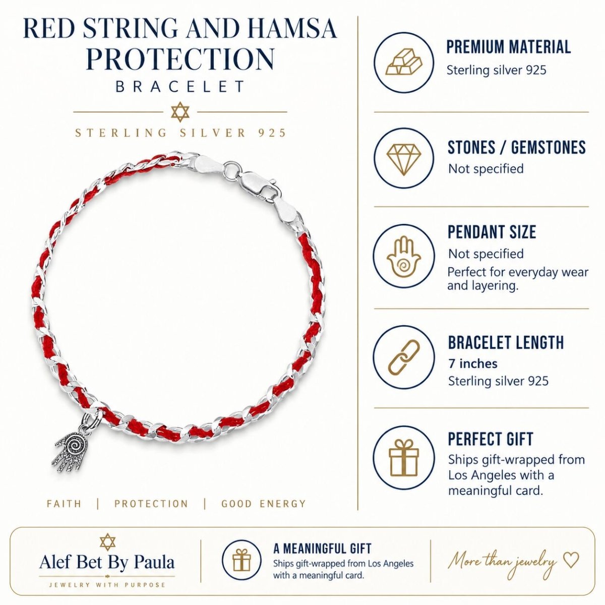 Hamsa Hand Red String Bracelet in Sterling Silver 925, handcrafted protection you never want to take off