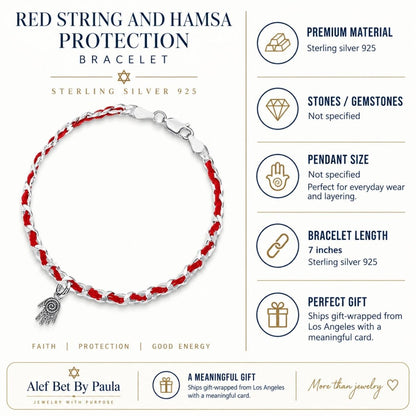 Hamsa Hand Red String Bracelet in Sterling Silver 925, handcrafted protection you never want to take off