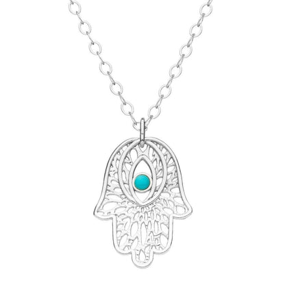 Hamsa hand pendant necklace in sterling silver with turquoise stone by Alef Bet