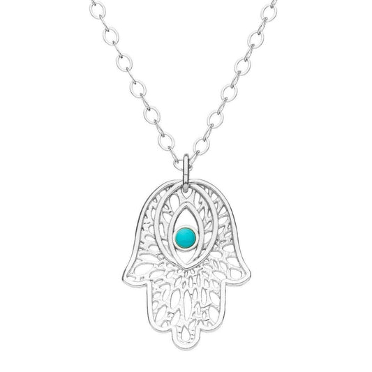 Hamsa hand pendant necklace in sterling silver with turquoise stone by Alef Bet