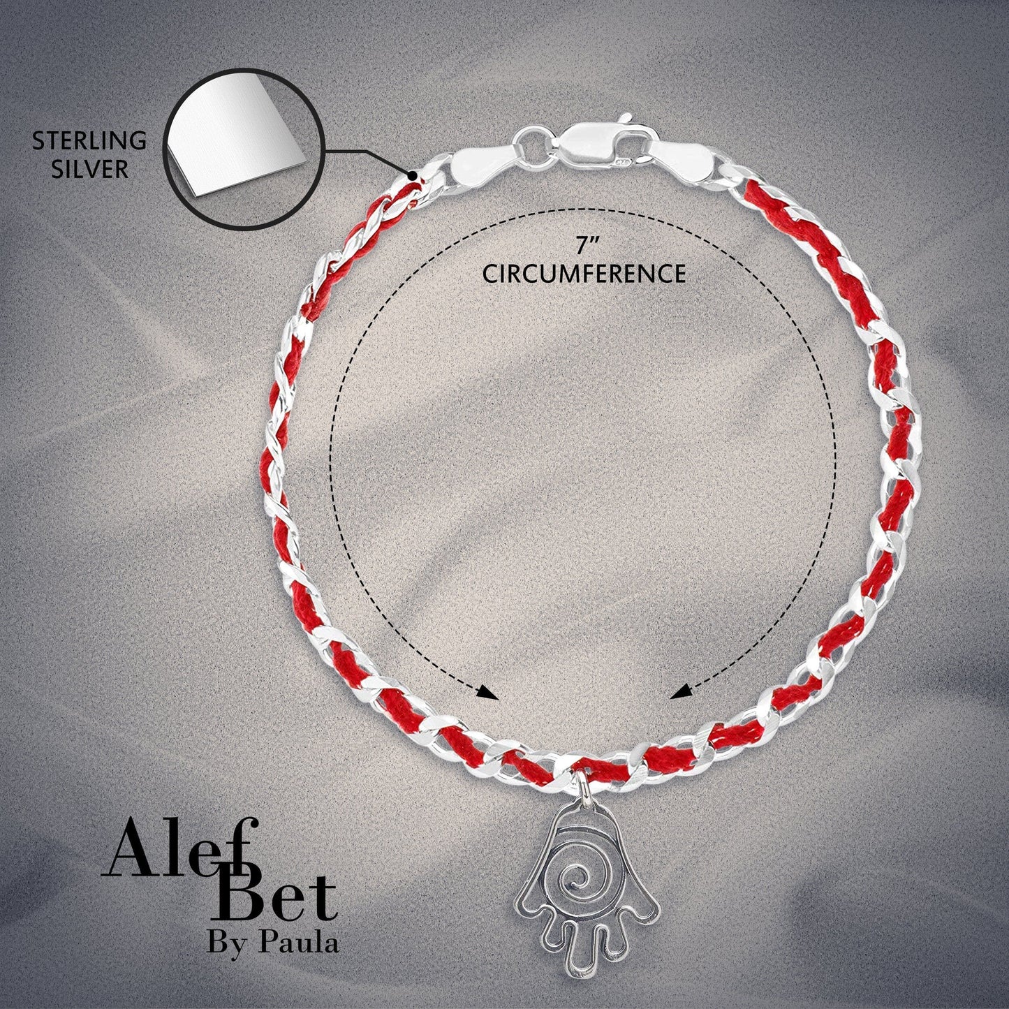 Hamsa infinity red string bracelet with sterling silver pendant, symbolizing protection and good fortune, offered in three sizes.