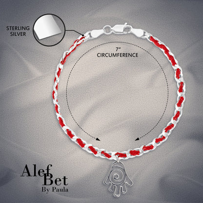 Hamsa infinity red string bracelet with sterling silver pendant, symbolizing protection and good fortune, offered in three sizes.