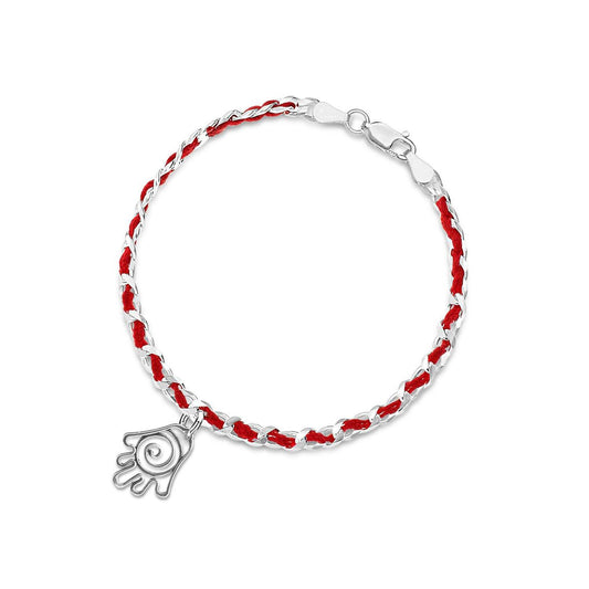 ALT text: Hamsa infinity red string bracelet in sterling silver, featuring a 1/2" pendant and 7" length, symbolizing protection and good fortune.
