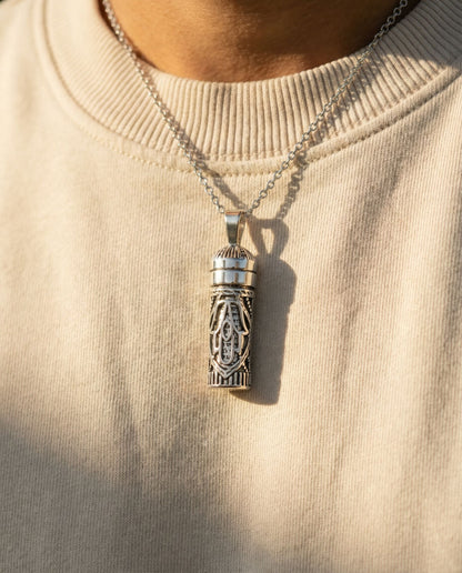 Sterling silver hamsa mezuzah necklace with negative space design by Alef Bet