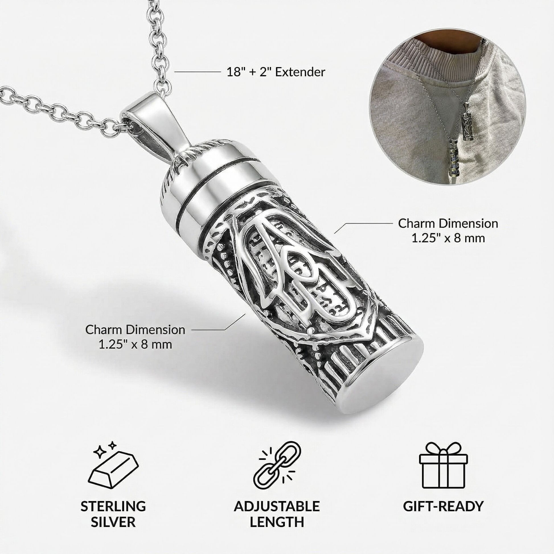 Open hamsa mezuzah necklace in polished sterling silver by Alef Bet