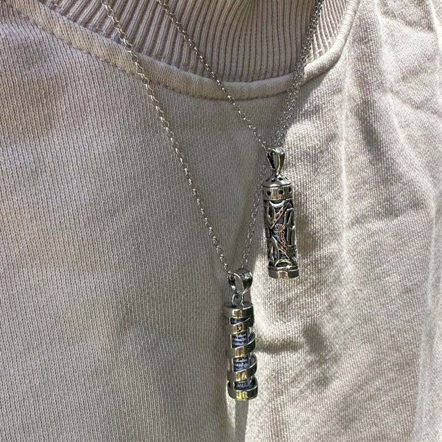 Sterling silver hamsa mezuzah pendant necklace featuring cutout details by Alef Bet