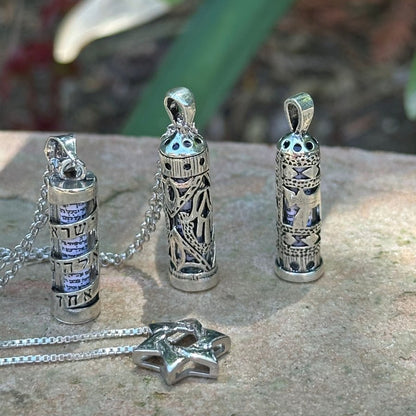 Sterling silver hamsa mezuzah necklace with satin finish details by Alef Bet