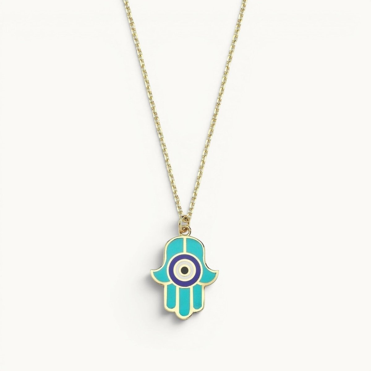 Hamsa Necklace Hand Enameled Light Blue and Pink Gold Plated