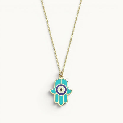 Hamsa Necklace Hand Enameled Light Blue and Pink Gold Plated