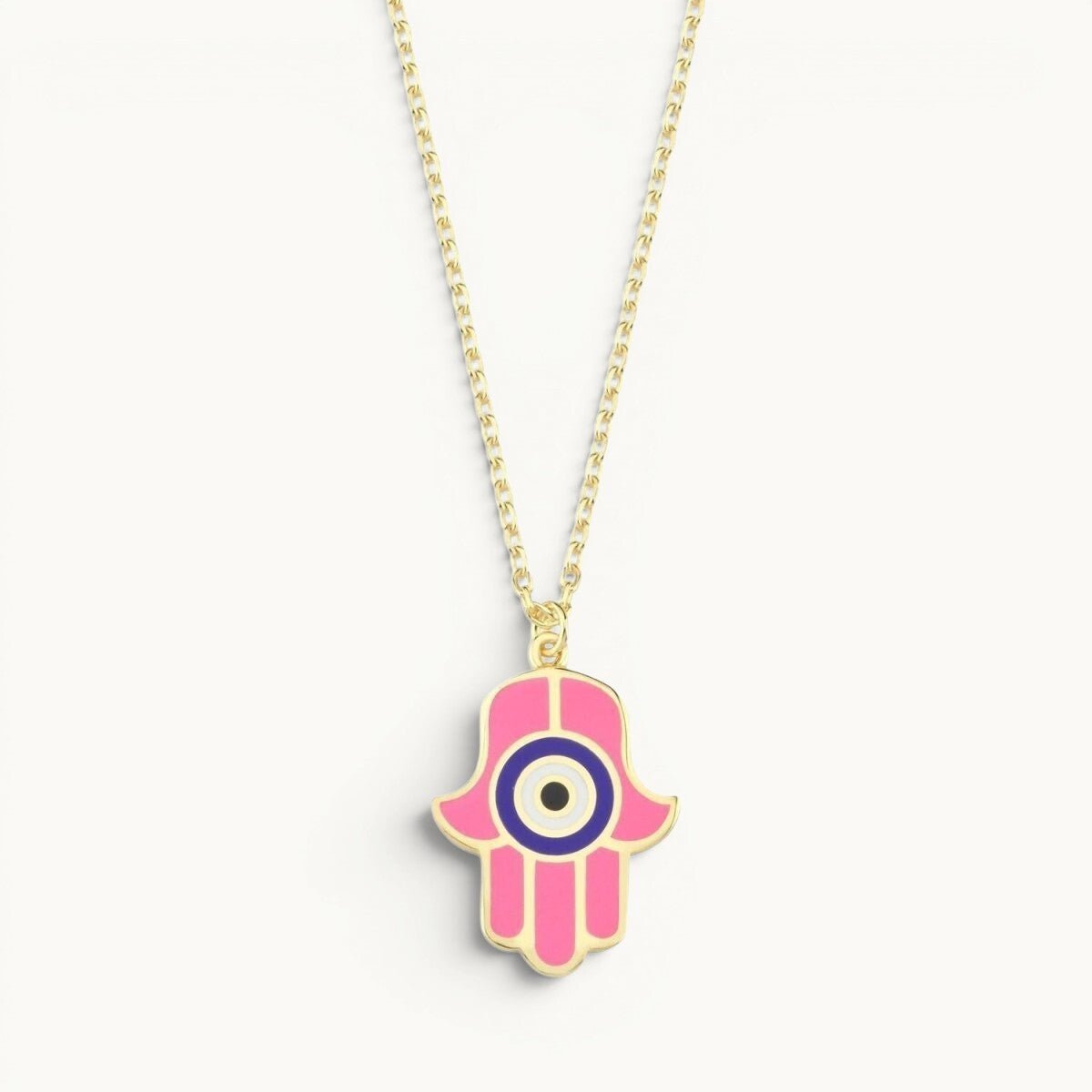 Hamsa Necklace Hand Enameled Light Blue and Pink Gold Plated