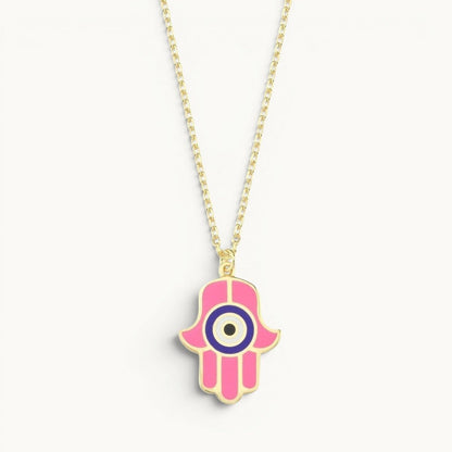 Hamsa Necklace Hand Enameled Light Blue and Pink Gold Plated