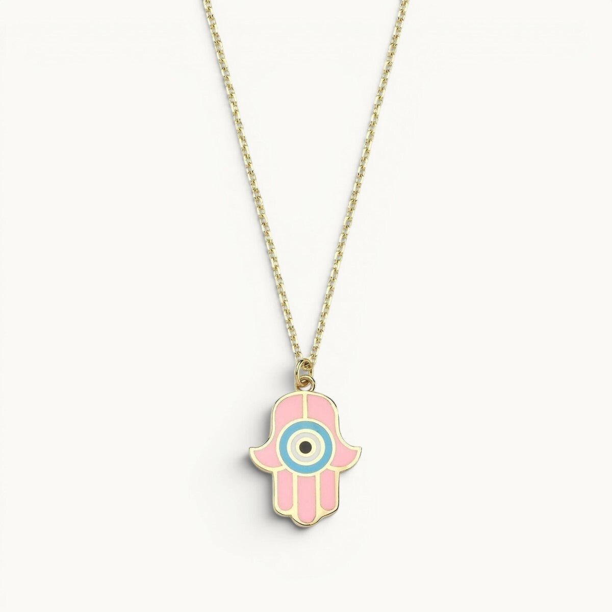 Hamsa Necklace Hand Enameled Light Blue and Pink Gold Plated