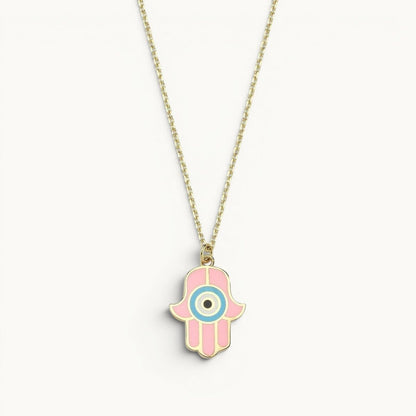 Hamsa Necklace Hand Enameled Light Blue and Pink Gold Plated
