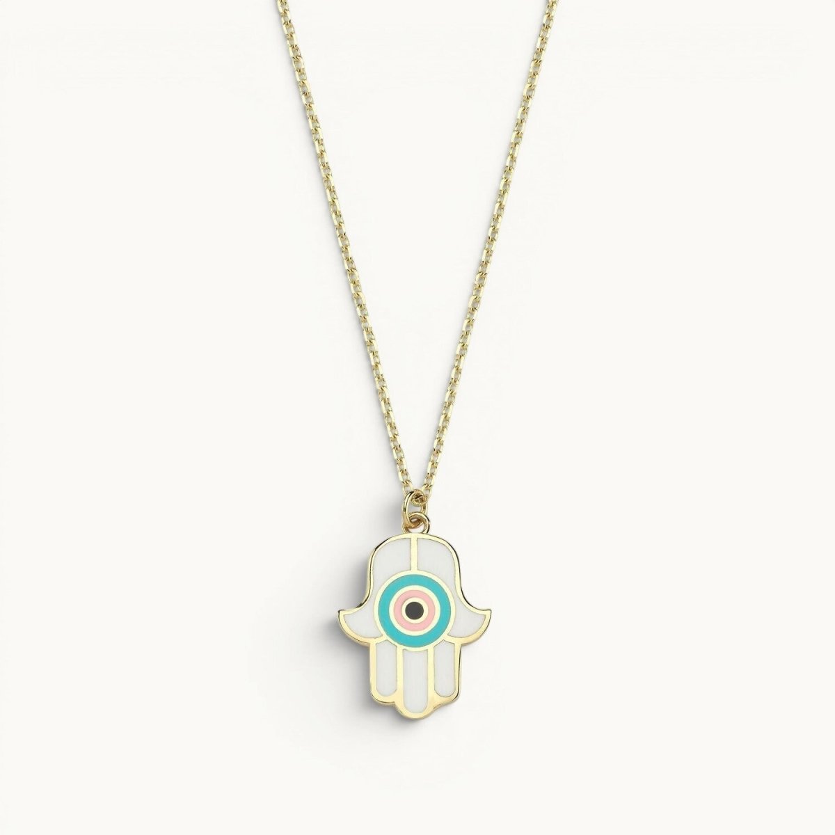 Hamsa Necklace Hand Enameled Light Blue and Pink Gold Plated