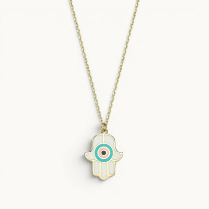 Hamsa Necklace Hand Enameled Light Blue and Pink Gold Plated