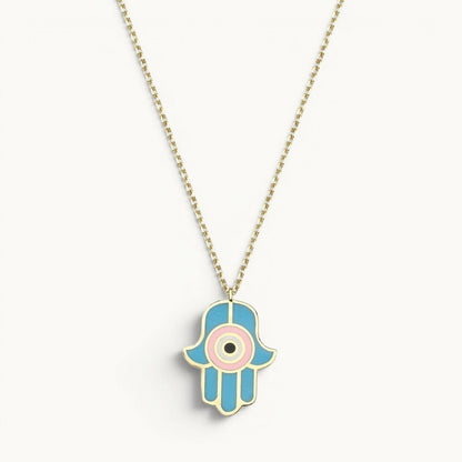Hamsa Necklace Hand Enameled Light Blue and Pink Gold Plated