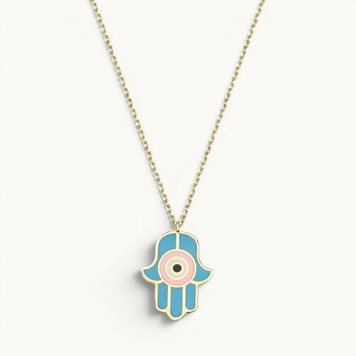 Hamsa Necklace Hand Enameled Light Blue and Pink Gold Plated