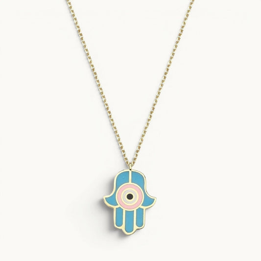 Hamsa Necklace Hand Enameled Light Blue and Pink Gold Plated