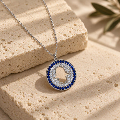 Hamsa Pave CZ Necklace in 14k Gold Plated Sterling Silver 925, blue and white sparkle for protection and good luck
