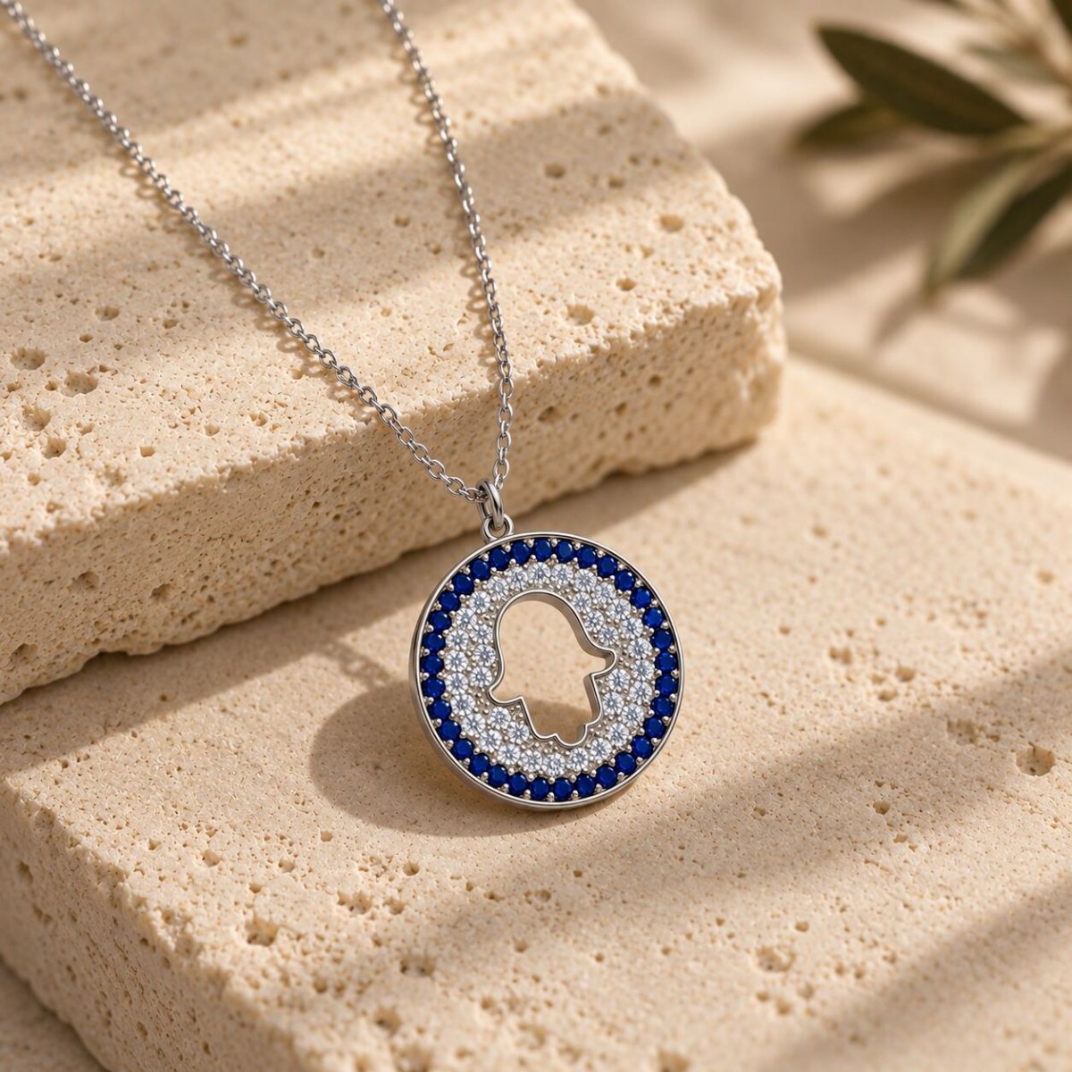 Hamsa Pave CZ Necklace in 14k Gold Plated Sterling Silver 925, blue and white sparkle for protection and good luck