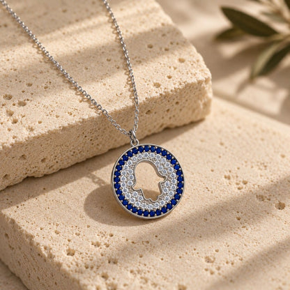 Hamsa Pave CZ Necklace in 14k Gold Plated Sterling Silver 925, blue and white sparkle for protection and good luck