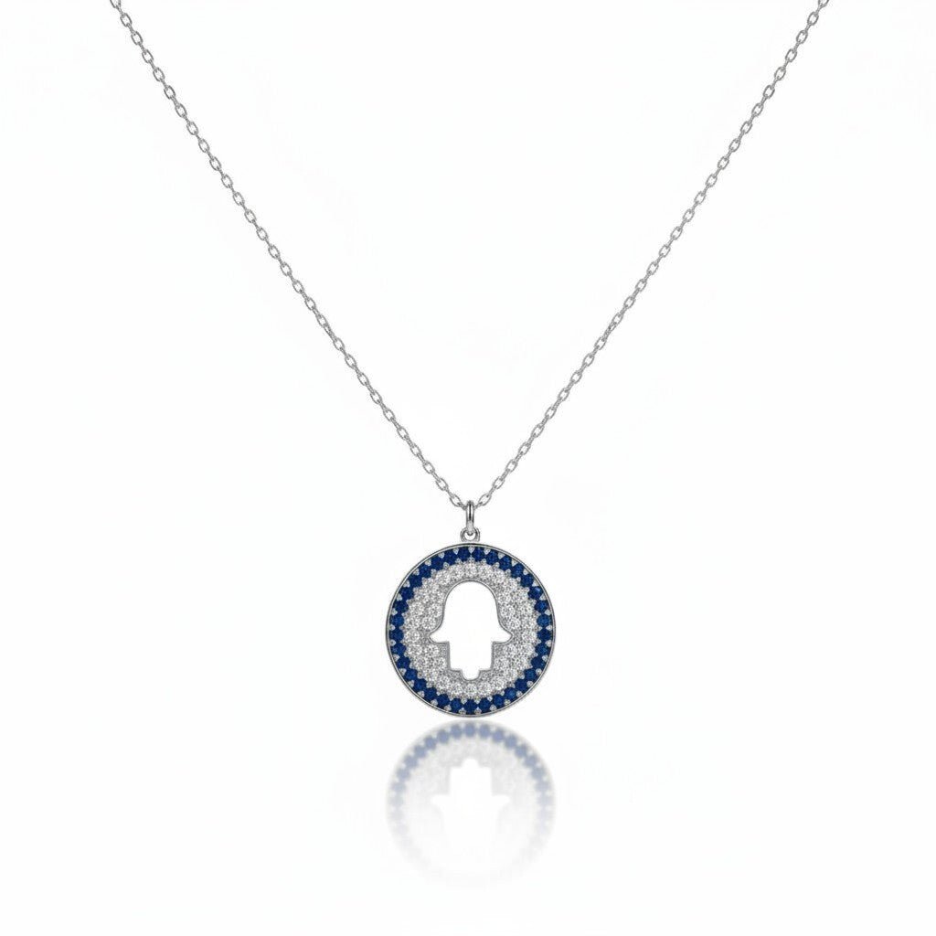 Hamsa Pave CZ Necklace in 14k Gold Plated Sterling Silver 925, blue and white sparkle for protection and good luck