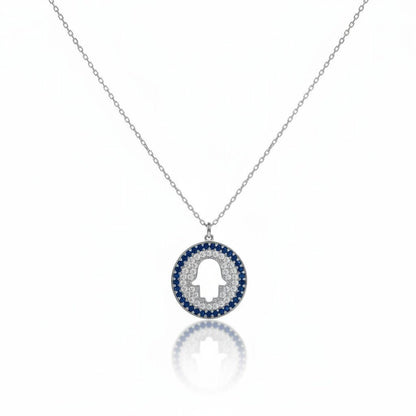 Hamsa Pave CZ Necklace in 14k Gold Plated Sterling Silver 925, blue and white sparkle for protection and good luck