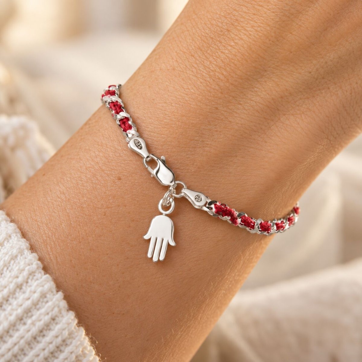 Hamsa Red String Bracelet in Sterling Silver 925, protection and good luck on your wrist