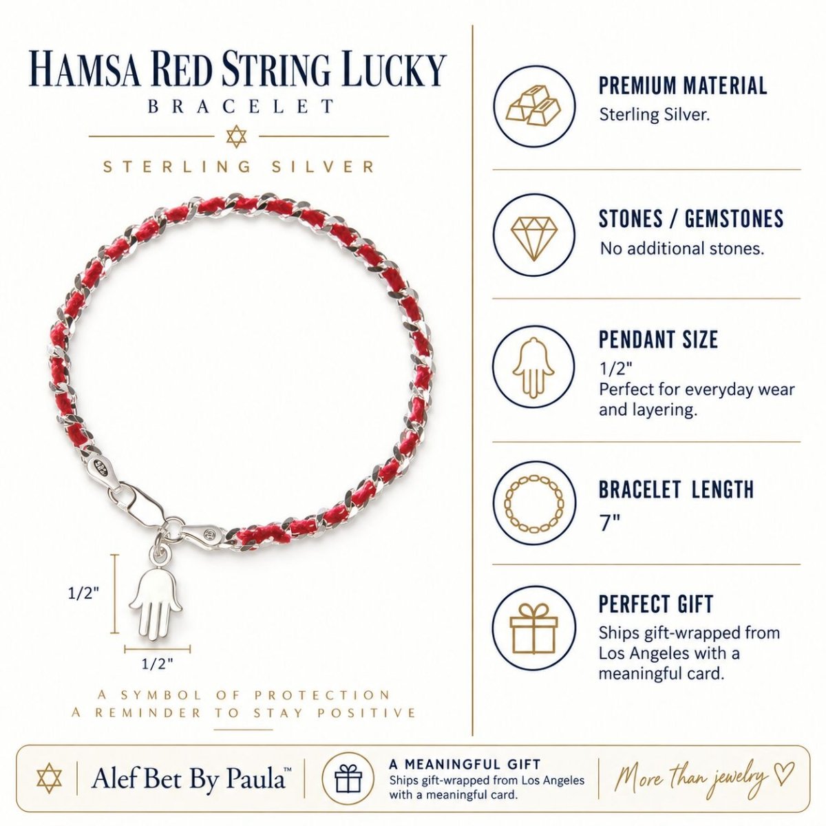 Hamsa Red String Bracelet in Sterling Silver 925, protection and good luck on your wrist