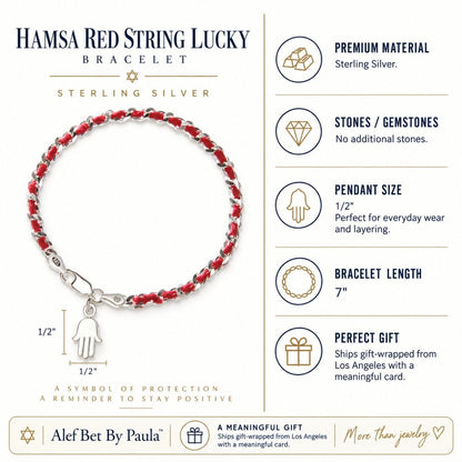 Hamsa Red String Bracelet in Sterling Silver 925, protection and good luck on your wrist