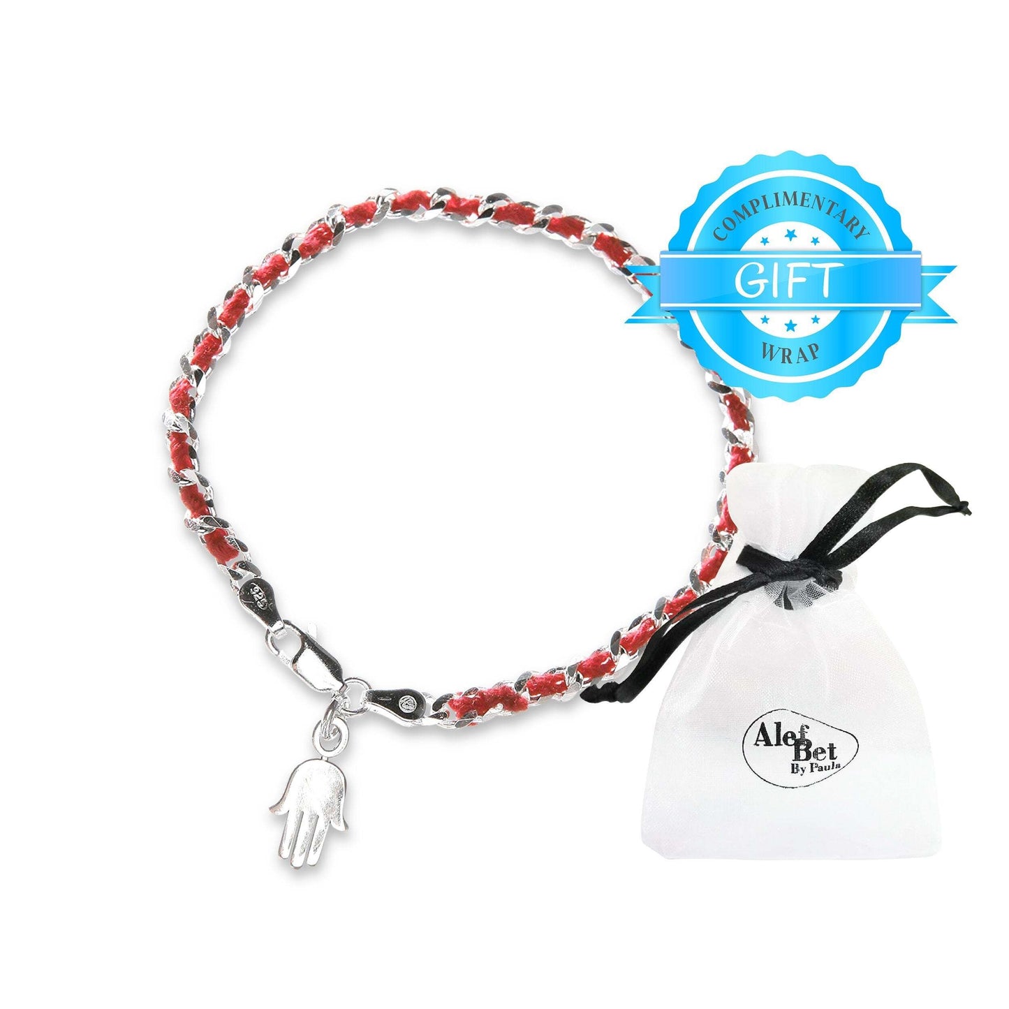 ALT text: A Hamsa red string lucky bracelet made of sterling silver, symbolizing protection and good fortune with delicate design.